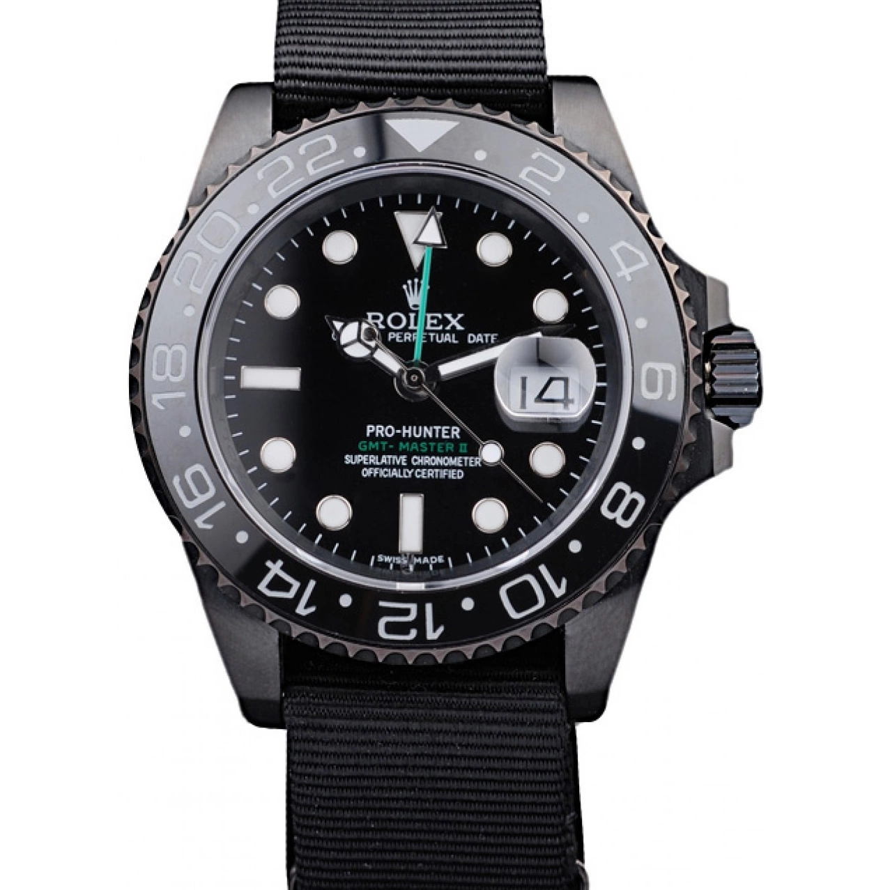 Aaa replica GMT Strap Fabric Swiss Black Rolex Master Dial Pro-Hunter II Black 0804